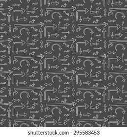 Doodle Arrows in different directions repetitive pattern. Digital Forum. Black  vector background