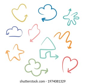 Doodle arrows different shapes. Vector Illustrations of cartoon style arrows. Illustrated set of cartoon arrows