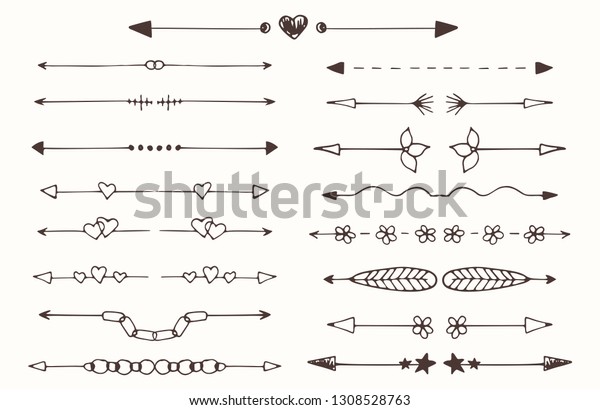Doodle arrows dividers. Vector\
dividers set with decorative elements. Hand drawn vintage arrows\
with stars, flowers, leaves, hearts for text, notebooks, diary,\
banners