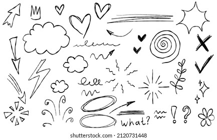 Doodle arrows flowers stars clouds hearts branch question text crown. Sketch set cute isolated line collection for office.
