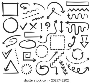 Doodle arrows and frames, hand drawn circles, square shapes. Sketch arrow, border, frame, check mark, pointer scribble drawing vector set. Scribble signs, question and exclamation marks
