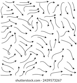 Doodle arrows. Hand drawn line pointers, pencil sketch elements, round curly wavy direction arrows. Vector linear black arrow set. Vector illustration. Eps file 161.