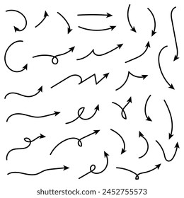 Doodle arrows. Hand drawn line pointers, pencil sketch elements, round curly wavy direction arrows. Vector linear black arrow set. Vector illustration. Eps file 613.