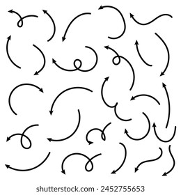 Doodle arrows. Hand drawn line pointers, pencil sketch elements, round curly wavy direction arrows. Vector linear black arrow set. Vector illustration. Eps file 618.