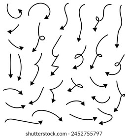 Doodle arrows. Hand drawn line pointers, pencil sketch elements, round curly wavy direction arrows. Vector linear black arrow set. Vector illustration. Eps file 614.