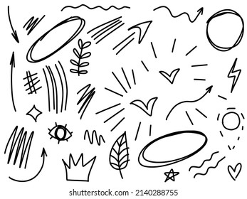 Doodle arrows, hearts, summer, branch, eye. Sketch isolated set cute isolated line collection for office.