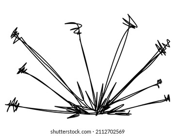 Doodle arrows hit in one place. Direct hit mark. The concept of success and achieving goals.