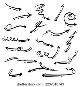 Iconos de Flechas de Doodle Set. icono de flecha con varias direcciones. estilo dibujado a mano. aislado en un fondo blanco. ilustración vectorial