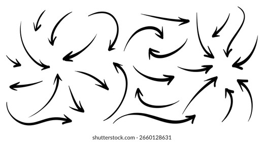 Conjunto de iconos de flechas Doodle. icono de flecha dibujado a mano con varias direcciones. aislado en un fondo blanco