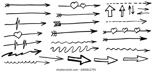 Doodle arrows. Isolated, hand drawn set.