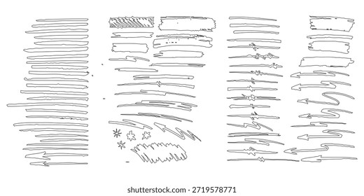Doodle-Pfeile und -Linien, schwarze, handgezeichnete Formen, Pfeile, Trennlinien, Unterstriche und Scribbles zur Betonung von Text in Design- und Illustrationsprojekten
