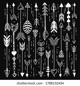 Doodle arrows pattern vector isolated. Collection of white hand drawn arrows. Hipster style background, simple cute element with feather.