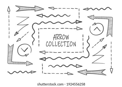 Flechas de garabato. Conjunto de flechas dibujadas a mano con grano negro aisladas en blanco. Ilustración del vector