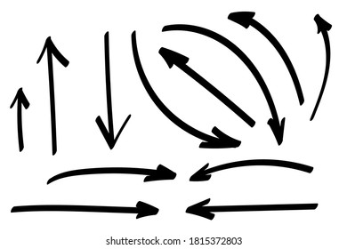 Doodle arrows set or collection. Hand-drawn shapes, directions signs or symbols. Ink arrows vector. Doodle symbols. Pointer icons. Pointer graphic symbols. Vector illustration