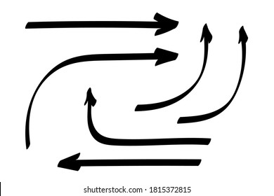 Juego de flechas de doodle o colección. Formas, indicaciones o símbolos dibujados a mano. Vector de flechas de tinta. Símbolos del garabato. Iconos de puntero. Símbolos gráficos de puntero. Ilustración del vector