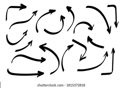 Doodle arrows set or collection. Hand-drawn shapes, directions signs or symbols. Ink arrows vector. Doodle symbols. Pointer icons. Pointer graphic symbols. Vector illustration