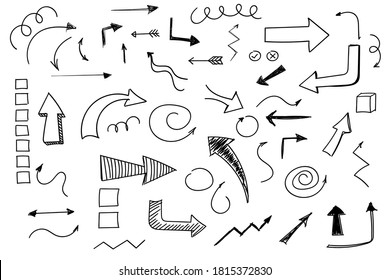 Juego de flechas de doodle o colección. Señales o símbolos de direcciones dibujadas a mano. Vector de flechas de tinta. Símbolos del garabato. Iconos de puntero. Símbolos gráficos de puntero. Ilustración del vector