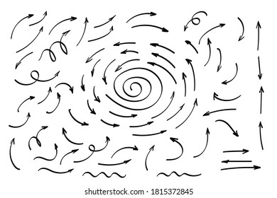 Doodle arrows set or collection. Hand-drawn shapes, directions signs or symbols. Ink arrows vector. Doodle symbols. Pointer icons. Pointer graphic symbols. Vector illustration