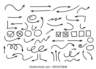 Doodle Pfeile Set oder Sammlung. Handgezeichnete Formen, Kontrollzeichen, Wegweiser oder Symbole. Tintenpfeile, Vektorgrafik. Doodle-Symbole. Zeigersymbole. Zeige grafische Symbole. Vektorgrafik