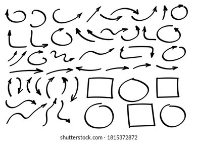 Juego de flechas de doodle o colección. Formas, indicaciones o símbolos dibujados a mano. Vector de flechas de tinta. Símbolos del garabato. Iconos de puntero. Símbolos gráficos de puntero. Ilustración del vector