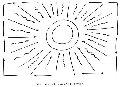 Doodle arrows set or collection. Hand-drawn shapes, directions signs or symbols. Ink arrows vector. Doodle symbols. Pointer icons. Pointer graphic symbols. Vector illustration