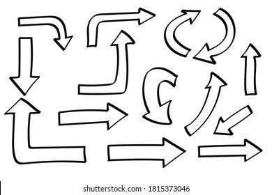 Doodle Pfeile Set oder Sammlung. Handgezeichnete Formen, Kontrollzeichen, Wegweiser oder Symbole. Tintenpfeile, Vektorgrafik. Doodle-Symbole. Zeigersymbole. Zeige grafische Symbole. Vektorgrafik
