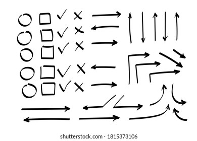 Doodle arrows set or collection. Hand-drawn shapes, check marks, directions signs or symbols. Ink arrows vector. Doodle symbols. Pointer icons. Pointer graphic symbols. Vector illustration