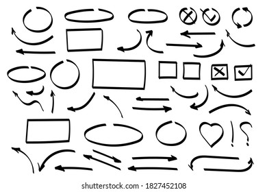 Doodle arrows set or collection. Hand-drawn directions signs or symbols. Ink arrows vector. Doodle symbols. Pointer icons. Pointer graphic symbols. Vector illustration