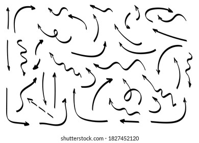 Doodle arrows set or collection. Hand-drawn directions signs or symbols. Ink arrows vector. Doodle symbols. Pointer icons. Pointer graphic symbols. Vector illustration