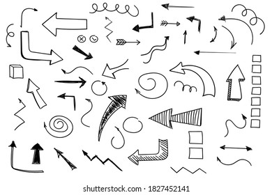 Doodle Pfeile Set oder Sammlung. Handgezeichnete Wegweiser oder Symbole. Tintenpfeile, Vektorgrafik. Doodle-Symbole. Zeigersymbole. Zeige grafische Symbole. Vektorgrafik