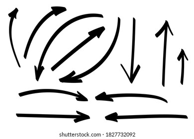 Doodle arrows set or collection. Hand-drawn directions signs or symbols. Ink arrows vector. Doodle symbols. Pointer icons. Pointer graphic symbols. Vector illustration