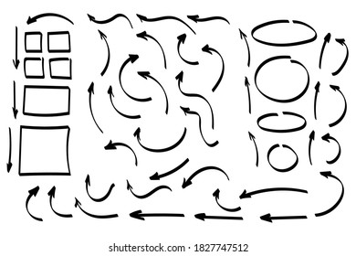 Doodle arrows set or collection. Hand-drawn directions signs or symbols. Ink arrows vector. Doodle symbols. Pointer icons. Pointer graphic symbols. Vector illustration