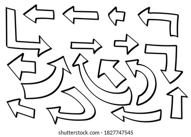 Doodle arrows set or collection. Hand-drawn directions signs or symbols. Ink arrows vector. Doodle symbols. Pointer icons. Pointer graphic symbols. Vector illustration