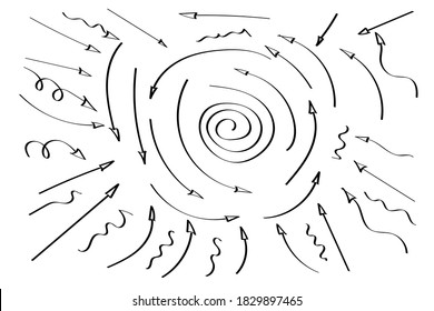 Juego de flechas de doodle o colección. Señales o símbolos de direcciones dibujadas a mano. Vector de flechas de tinta. Símbolos del garabato. Iconos de puntero. Símbolos gráficos de puntero. Ilustración del vector