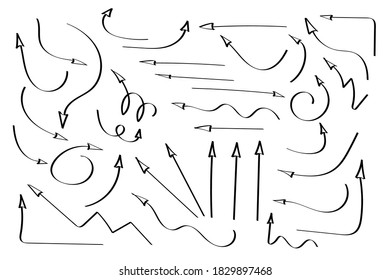 Doodle Pfeile Set oder Sammlung. Handgezeichnete Wegweiser oder Symbole. Tintenpfeile, Vektorgrafik. Doodle-Symbole. Zeigersymbole. Zeige grafische Symbole. Vektorgrafik