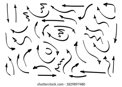 Doodle arrows set or collection. Hand-drawn directions signs or symbols. Ink arrows vector. Doodle symbols. Pointer icons. Pointer graphic symbols. Vector illustration