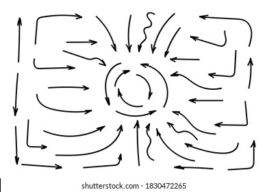 Juego de flechas de doodle o colección. Señales o símbolos de direcciones dibujadas a mano. Vector de flechas de tinta. Símbolos del garabato. Iconos de puntero. Símbolos gráficos de puntero. Ilustración del vector