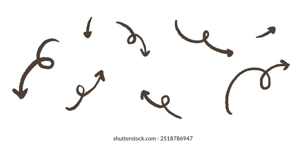 Conjunto de flechas Doodle, con forma rizada en diferentes direcciones. Dibujo simple dibujado a mano de la pluma apuntando al Vector