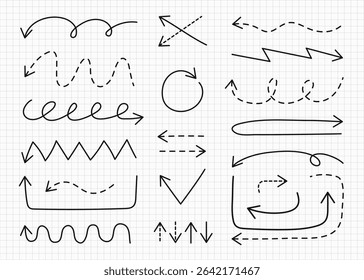 Doodle Arrows set. Hand drawn pointers on white background. Thin long dotted elegant minimalistic editable stroke in black color. Infographic navigation direction symbol. Back to school notebook sheet