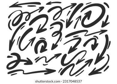 Doodle arrows set. Hand drown lines and curve scribbles. Vector scetch of abstract pointer in different shapes isolated on white background.