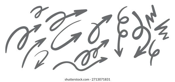 Conjunto de flechas Doodle. Mano ahogar líneas y garabatos de curva. Bosquejo de Vector de puntero abstracto en diferentes Formas aisladas sobre fondo blanco.