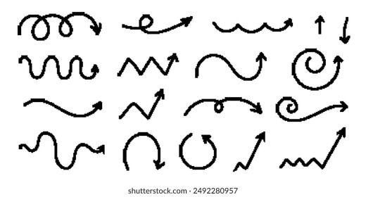 Doodle arrows set. Pixel brush black arrow