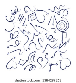 Doodle arrows set. Sketch swirly arrows black hand drawn curved pointer icons isolated on white background