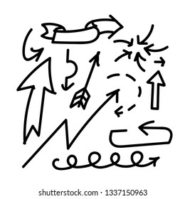 Doodle arrows set in thin lines. Hand drawn directions on a white background. Simple infographics elements. Isolated black arrows.