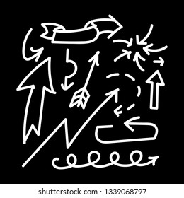 Doodle arrows set in thin lines. Hand drawn directions on a white background. Simple infographics elements. Isolated black arrows.