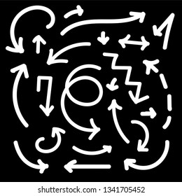 Doodle arrows set in thin lines. Hand drawn directions on a white background. Simple infographics elements. Isolated black arrows.