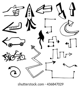 Doodle arrows set. Vector hand drawn arrows elements for your design. Sketch arrows isolated on white. Collection of doodle arrows. Black pen drawn arrows.machine, the missile. arm. aircraft 