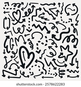 Doodle arrows and shapes in black. Arrows pointing in various directions. Heart and star doodles. Arrows and shapes create a playful, dynamic pattern. Element vector set.