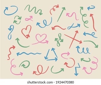 Doodle arrows. Sketch pastel curved arrow handmade elements. Outline red, pink, blue and green direction pointer isolated vector symbols. Illustration arrow doodle direction, simplicity curve