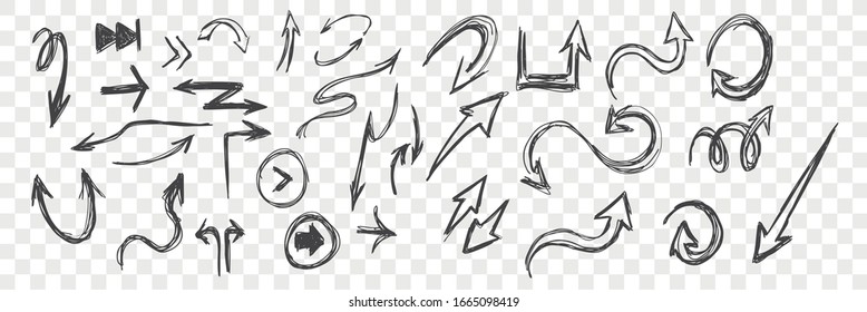 Doodle arrows sketches set. Hand drawn black, curved scribble arrow. Round, twisted navigation symbol. Scattered directed arrowhead, motion index linear icons on checkered background. Vector